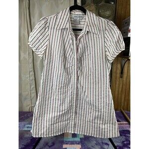 Fred David Womens Large Stretch Stripe Gold Metallic Thread Tunic Blouse Button